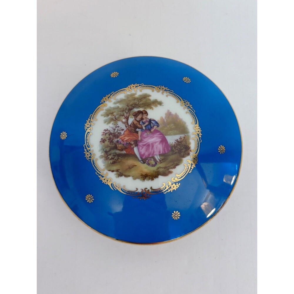 Vintage Limoges Blue Trinket Box Romantic Scene